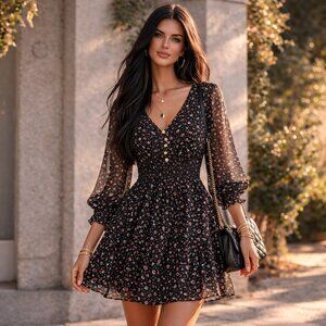 LOFT Ladybug Print Sheer Mini Dress | Smocked Waist Boho Floral Dress Size L